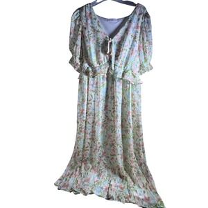 LC Lauren Conrad Floral Maxi Dress Green Pink V-Neck Ruffle Short Sleeve Large